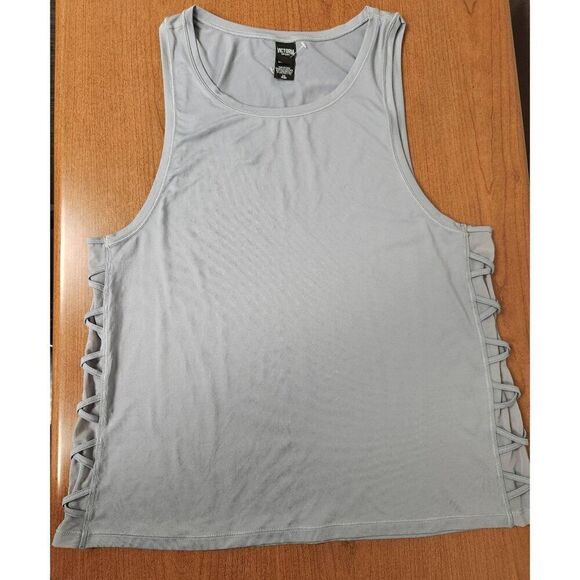 💕Victoria Secret Sport LARGE Tank Top Gray Criss Cross Mesh Sides Round Neck - Picture 2 of 5